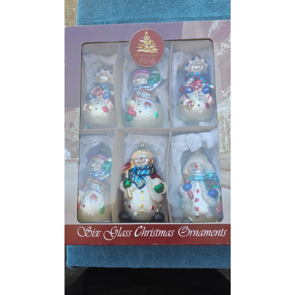 Enchanted Forrest Glass Christmas Snowman ornaments set of 12 - Picture 2 of 3
